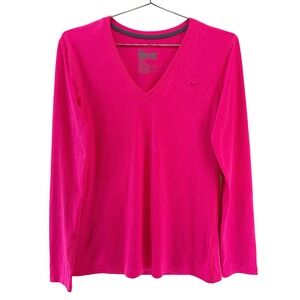 NIKE Dri-Fit Women's Long Sleeve V-neck Running Top • Medium • neon pink
